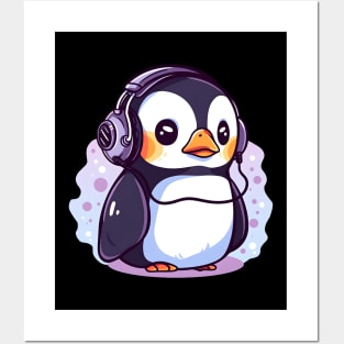 Cute Penguin With Headphones Posters and Art